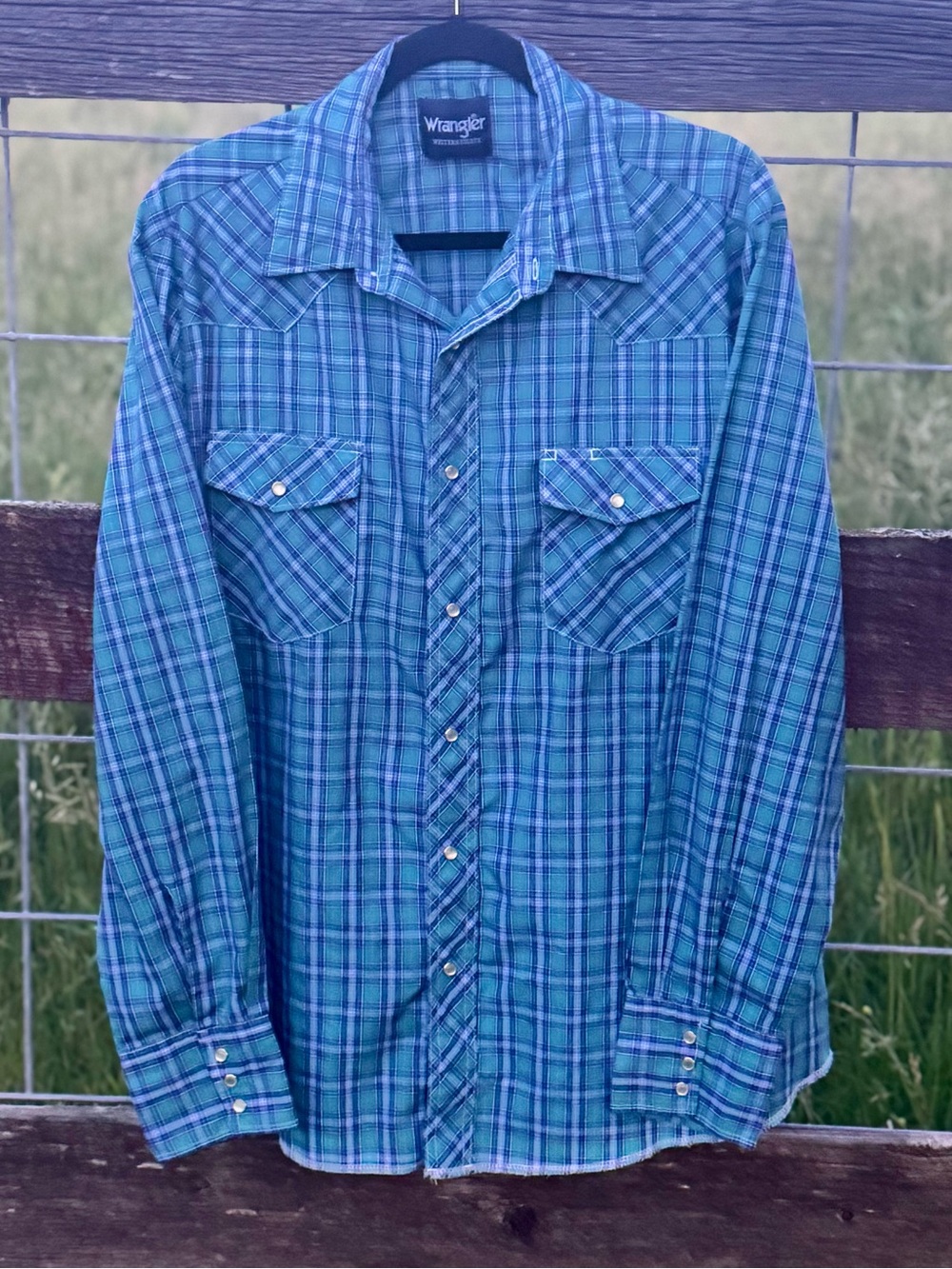 Wrangler Western Shirt Mens XL Blue Plaid Pearl Snap Long Sleeve‎ Cowboy